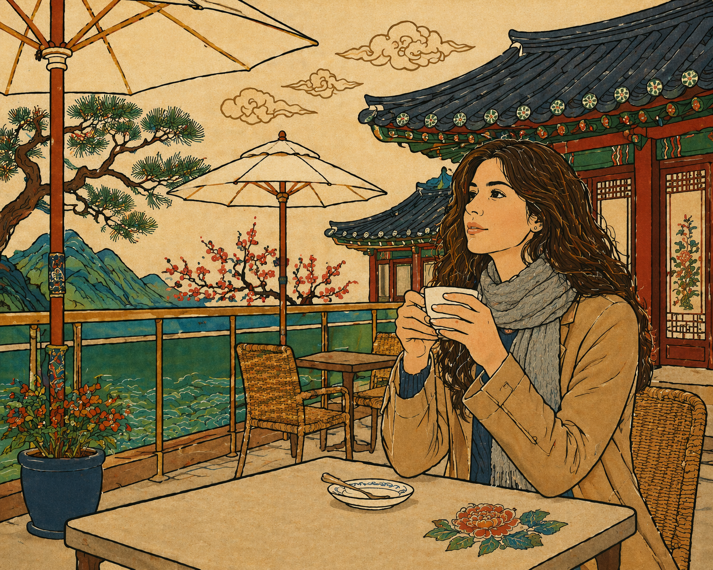 frozen ground cycle meaning — minhwa-style illustration of a young woman resting at a hanok terrace in late winter