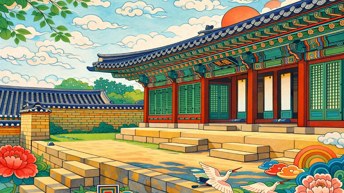hanok ondol floor — minhwa style illustration of Gangnyeongjeon royal palace hall