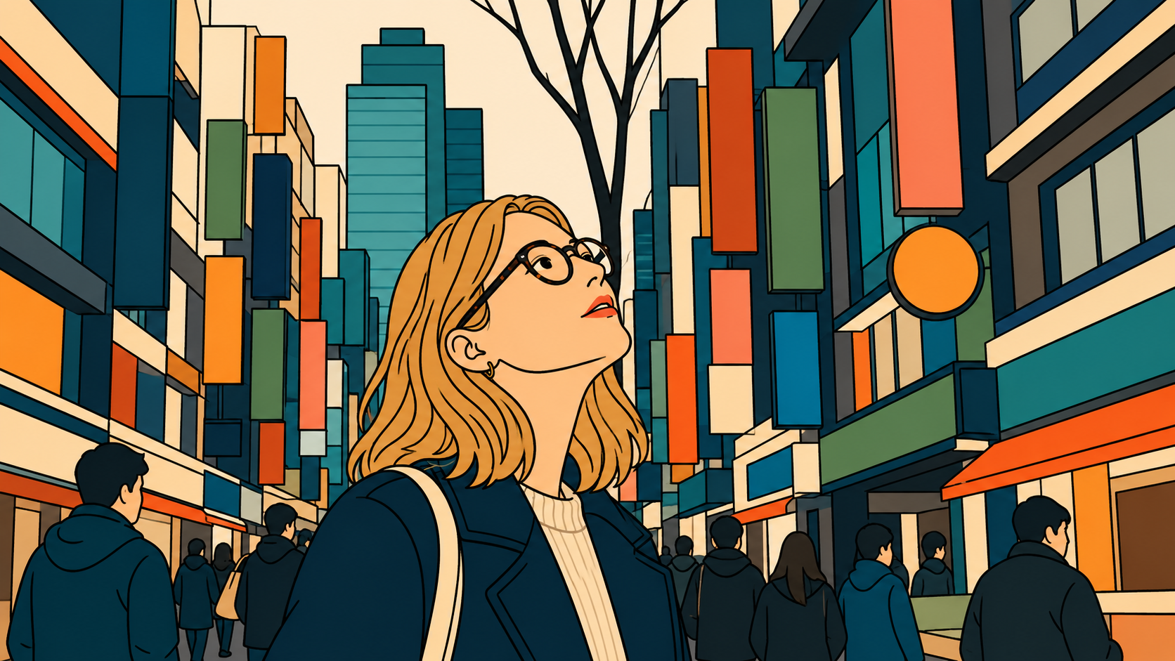 getting glasses in Korea — illustrated portrait of a woman looking up at colorful street signs