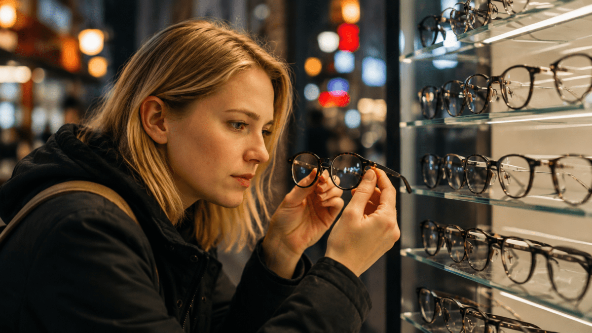 getting glasses in Korea — woman examining frames from a display wall at an optical shop