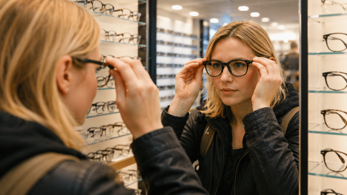 getting glasses in Korea — woman trying on glasses in front of a mirror at an optical shop
