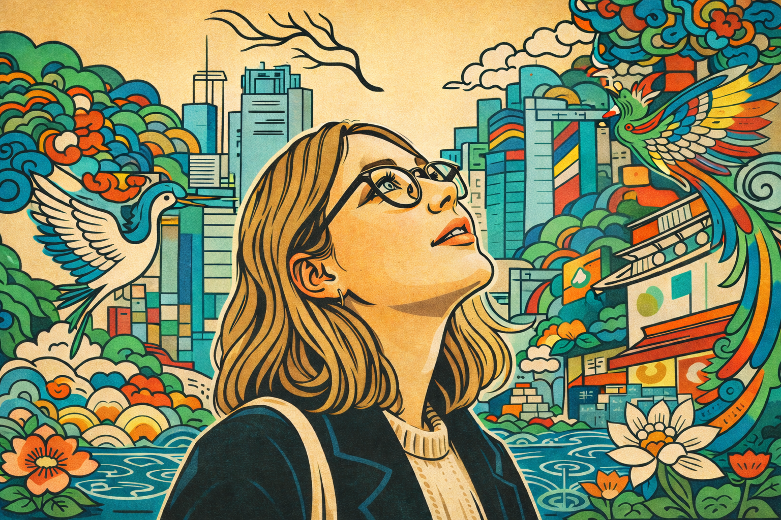 Korean minhwa style illustration of a Western woman wearing glasses looking up at Seoul cityscape, getting glasses in Korea