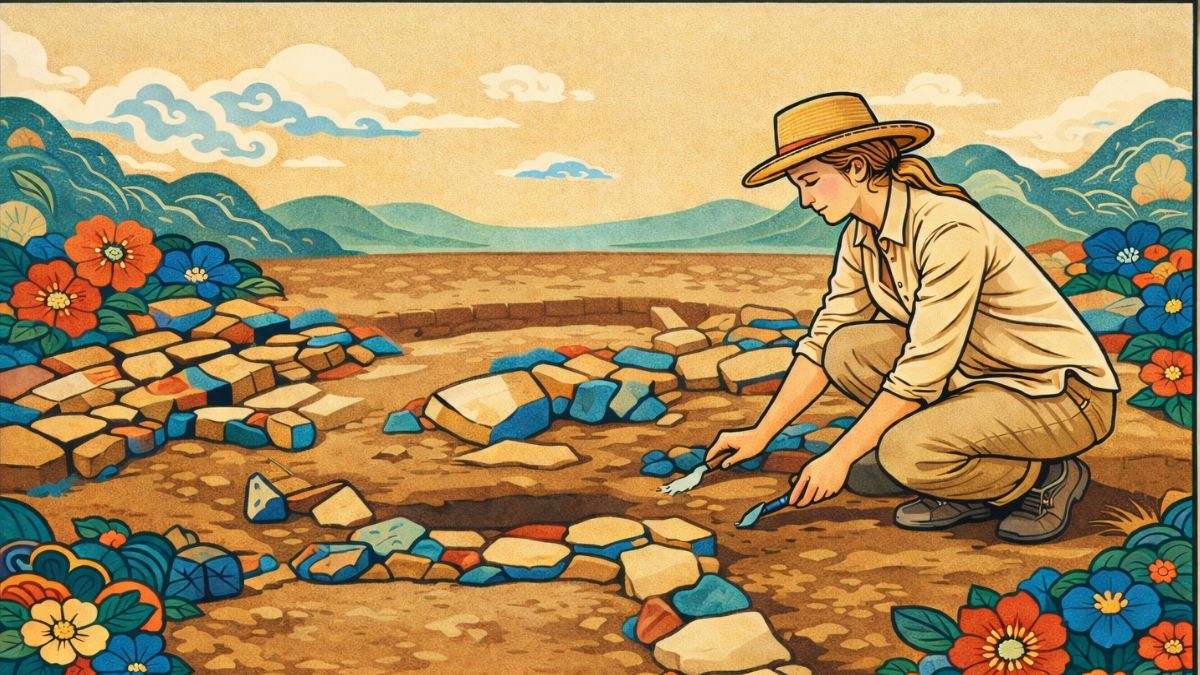 ondol Korean floor heating — minhwa style illustration of gudeul excavation site