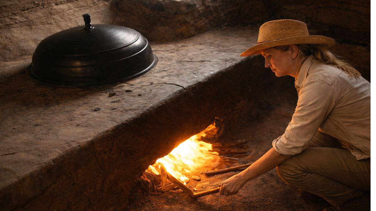 ondol Korean floor heating — woman lighting fire in traditional Korean agungi furnace