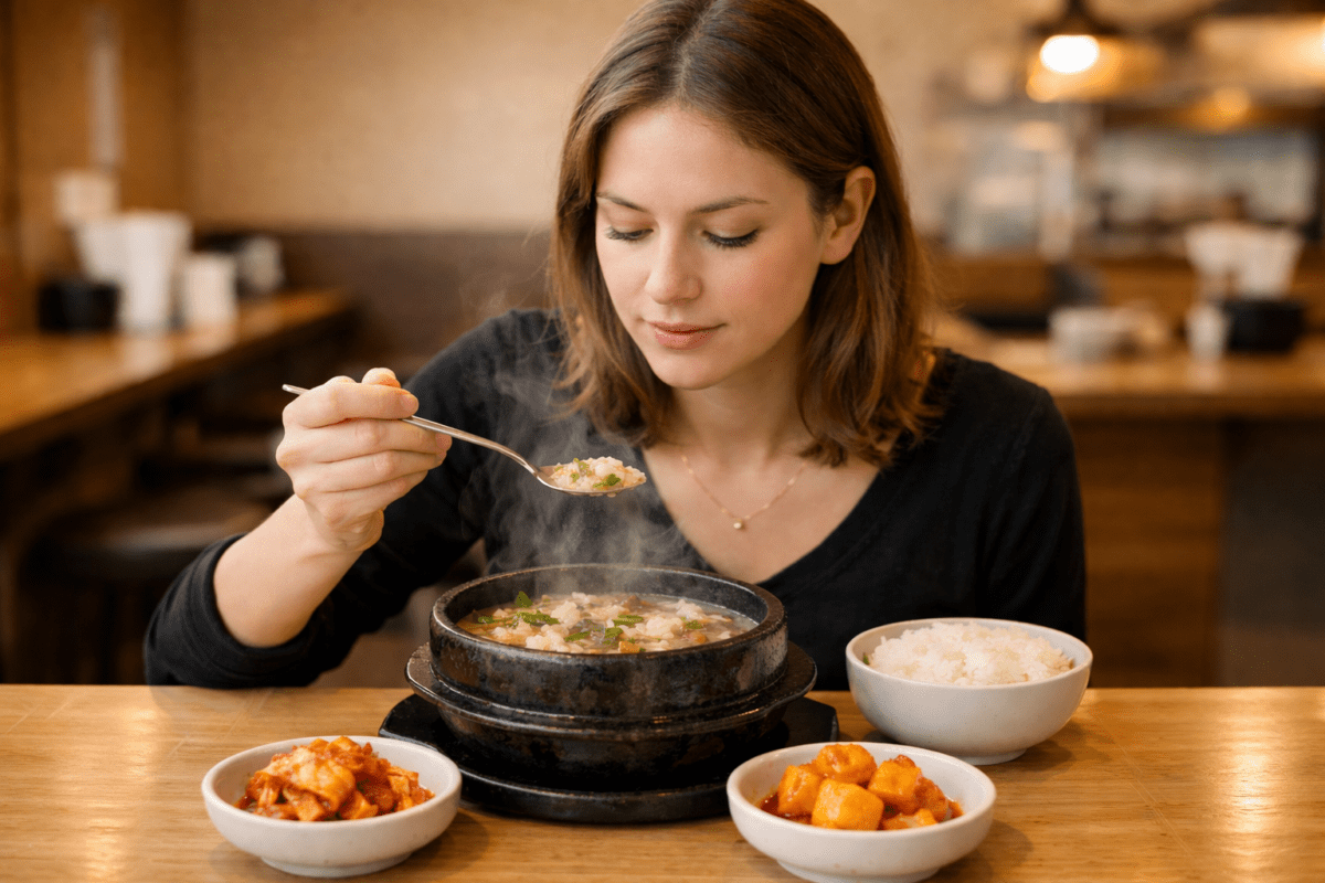 Korean fast food — a Western woman eating gukbap at a Seoul restaurant