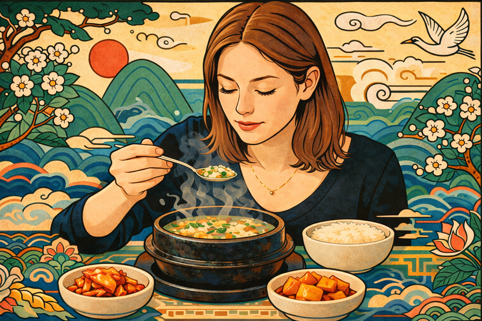 Korean fast food — Western woman eating gukbap in minhwa style illustration