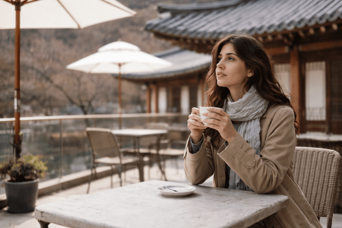 Frozen ground cycle meaning illustrated by a woman holding a warm cup at a hanok cafe terrace in late winter