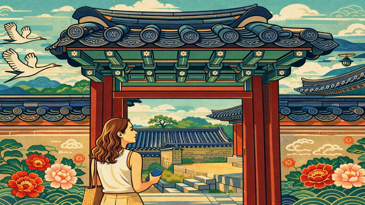 almost didn't pick up the phone — woman at hanok gate holding phone psychology