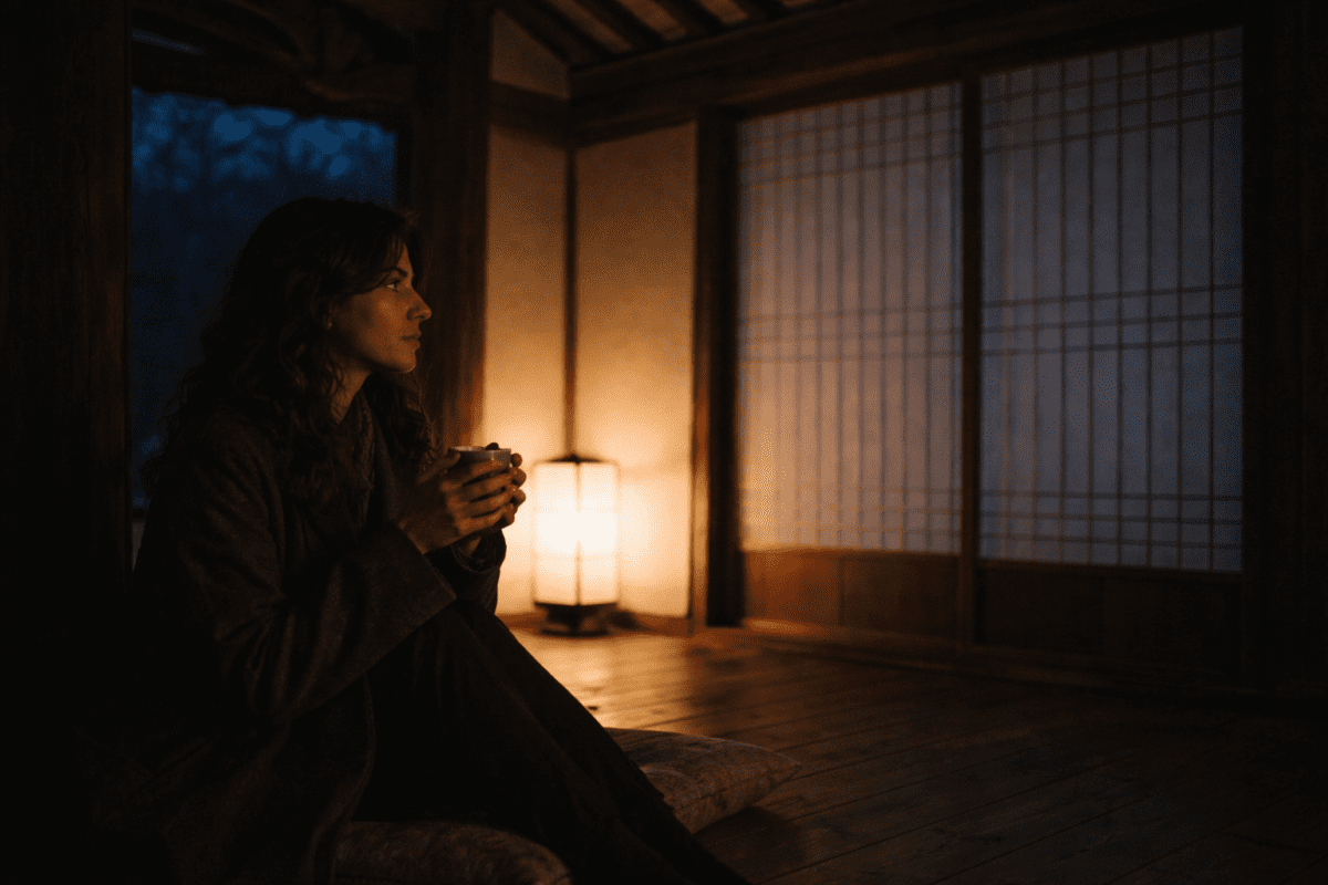 frozen ground cycle meaning — a young woman sitting quietly in a hanok at dusk holding a warm cup