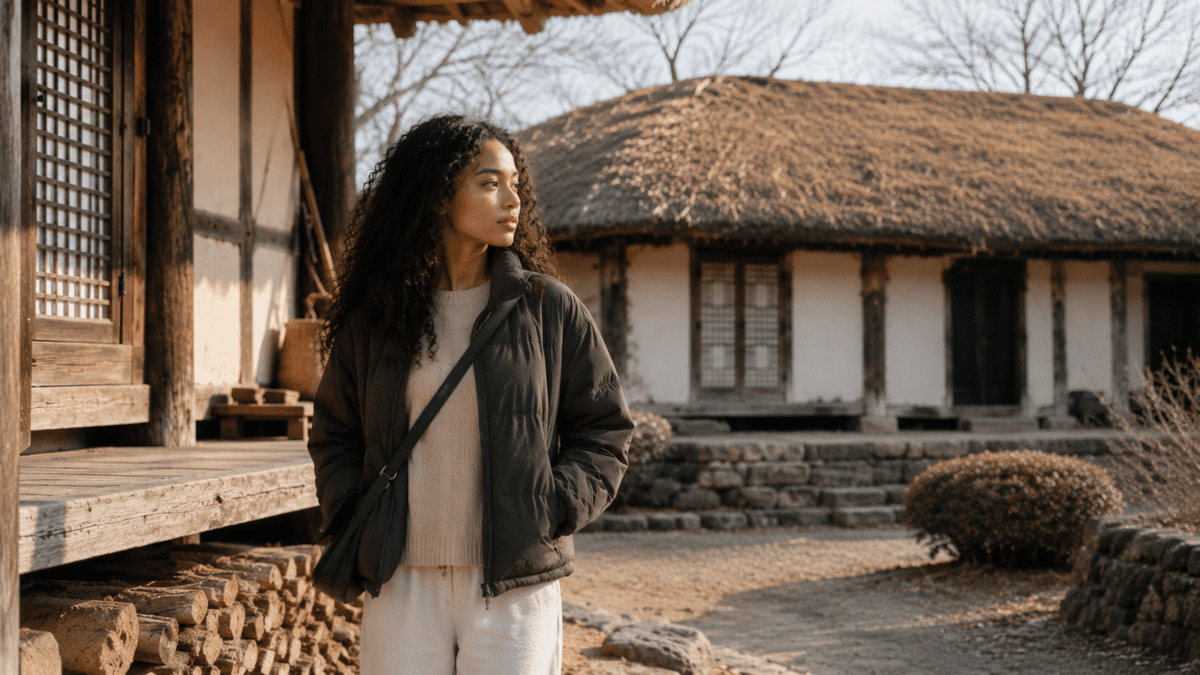 Woman standing beside firewood stacked outside a thatched-roof hanok, the commoner home built around hanok ondol floor