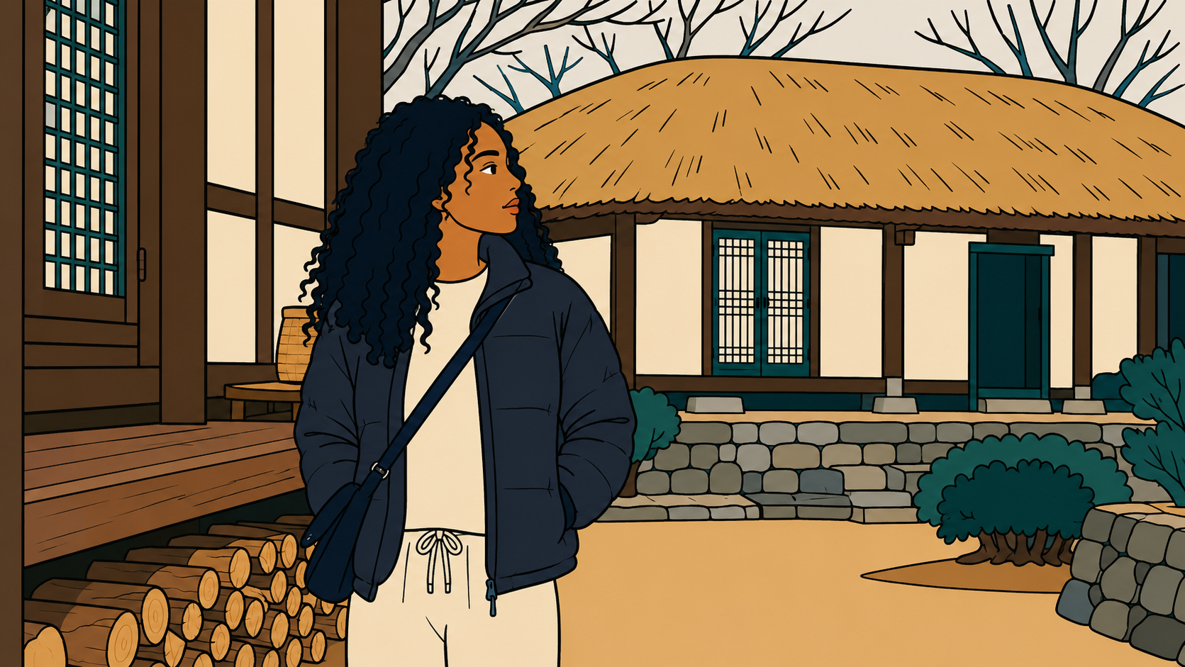 Illustrated woman standing beside firewood outside a thatched-roof hanok, thumbnail for K-Saju culture series on hanok ondol floor