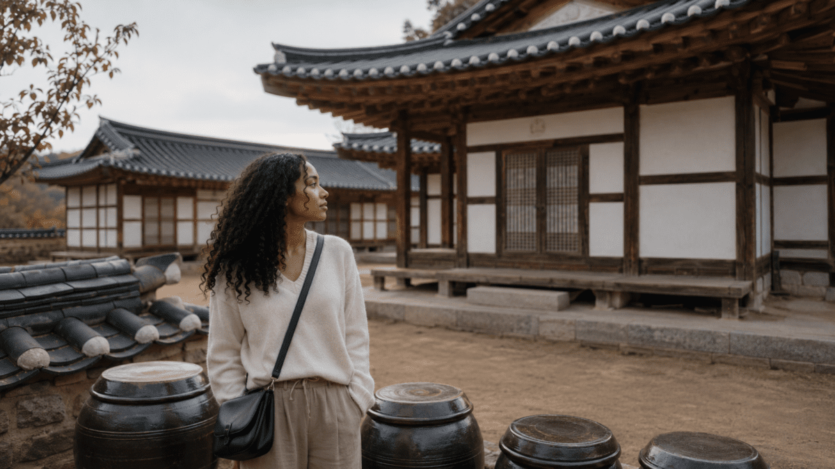 Woman standing among traditional jars in a yangban estate with tiled-roof buildings, the grand scale of hanok ondol floor