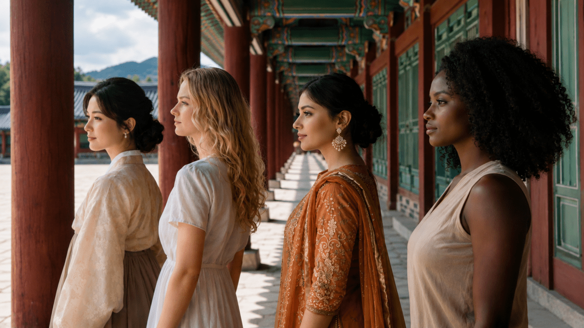 Four women of different ethnicities standing in profile along a Korean palace corridor, representing the diverse expressions of heavenly stems in K-Saju