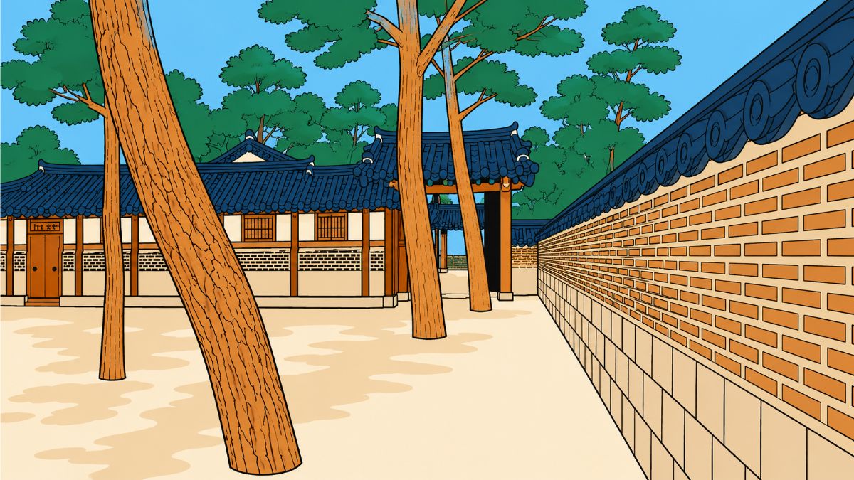 Minhwa-style illustration of a traditional Korean palace courtyard with pine trees and a brick wall, representing heavenly stems in K-Saju