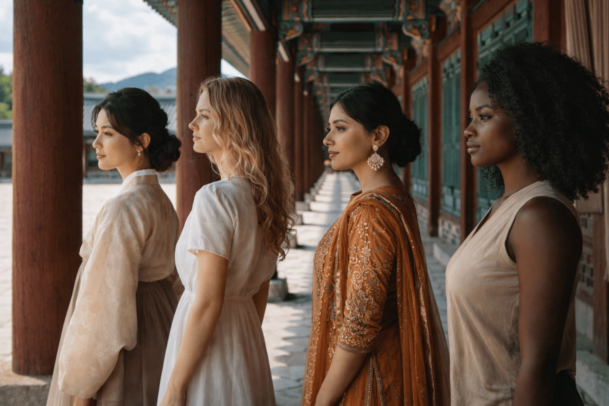 heavenly stems in K-Saju — four women of diverse backgrounds at Korean palace