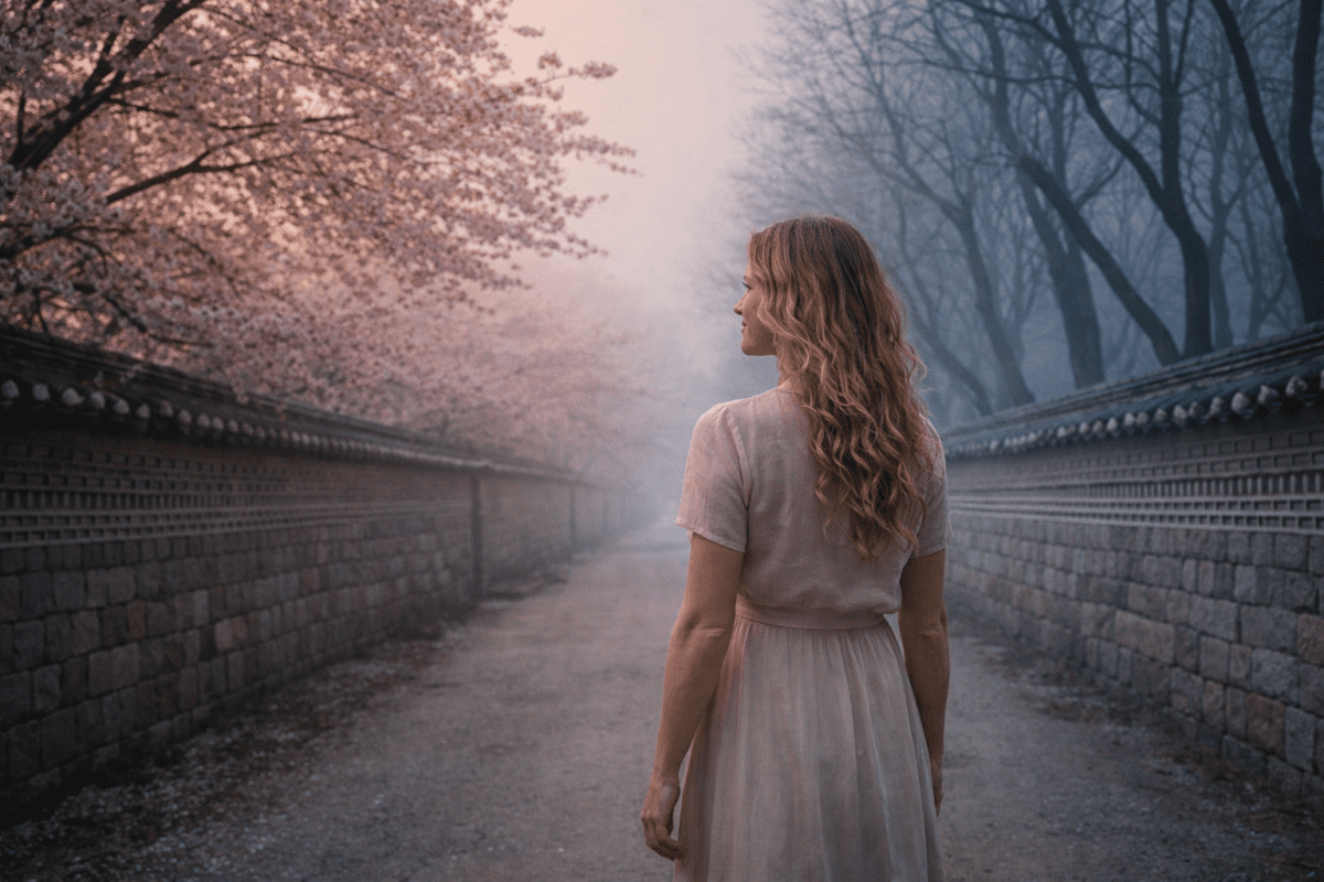heavenly stems in K-Saju — woman walking along cherry blossom path at Korean palace wall