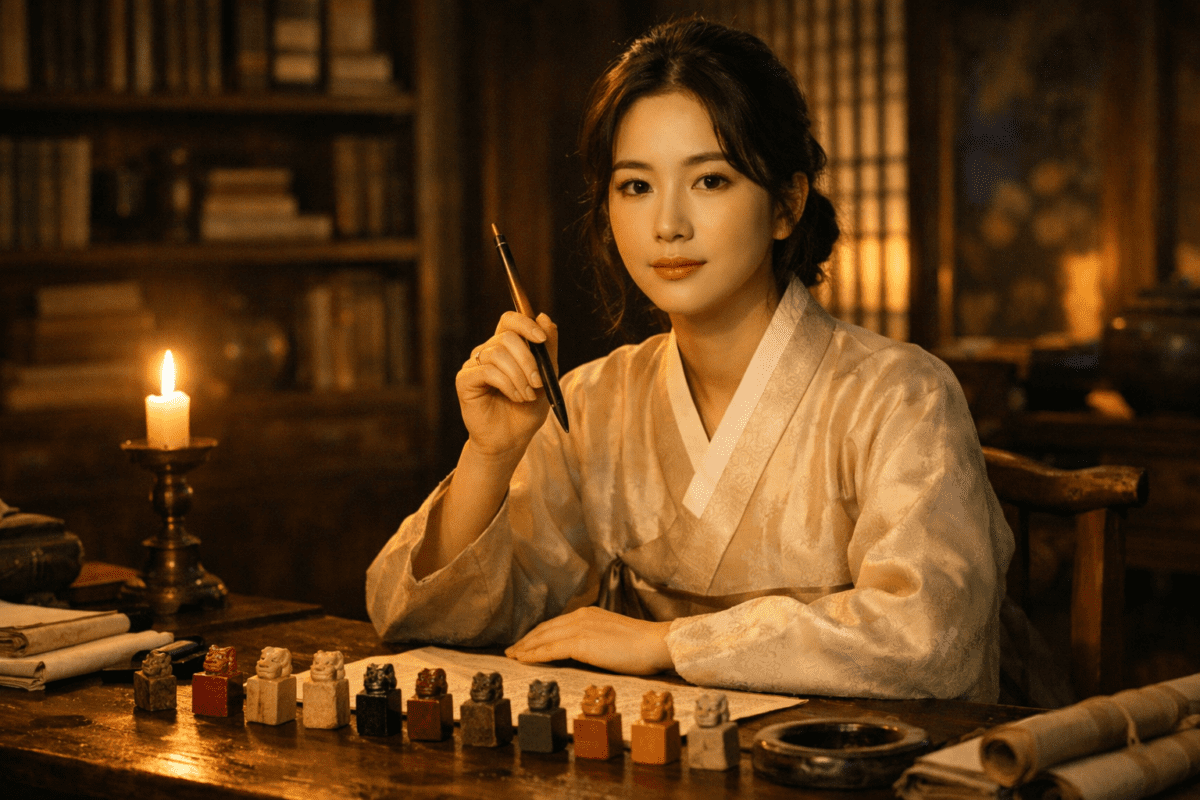 heavenly stems in K-Saju — woman in hanbok studying by candlelight