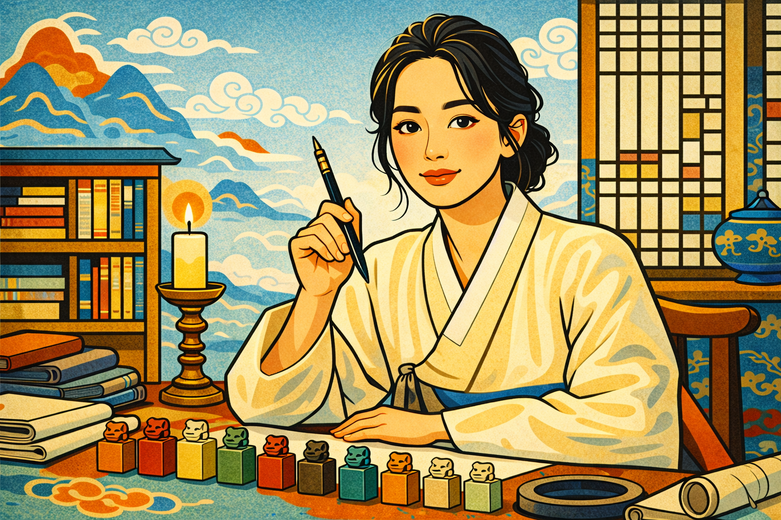 heavenly stems in K-Saju — minhwa style woman in hanbok with ten stems symbols