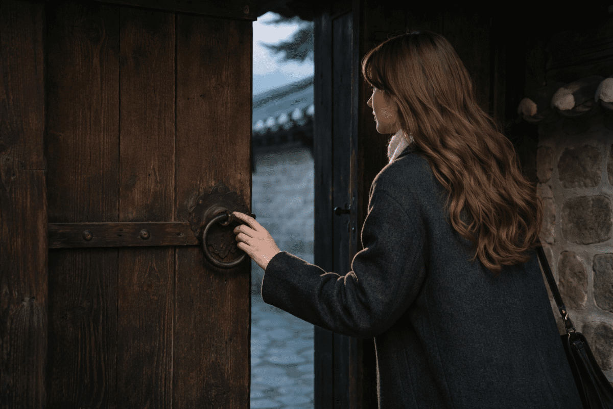 ```
tiger hour meaning in astrology — a young woman pausing at a wooden hanok gate with her hand on the iron ring
```