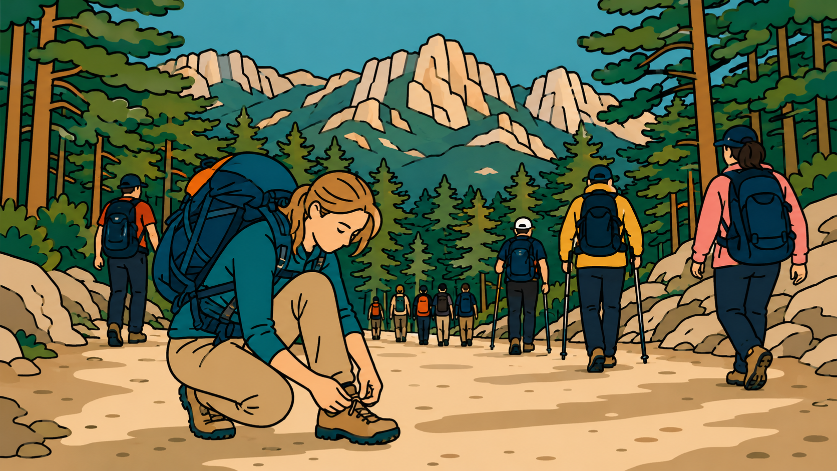Illustrated thumbnail of a hiker tying her boots on a granite mountain trail with other hikers walking ahead, representing hiking in Seoul