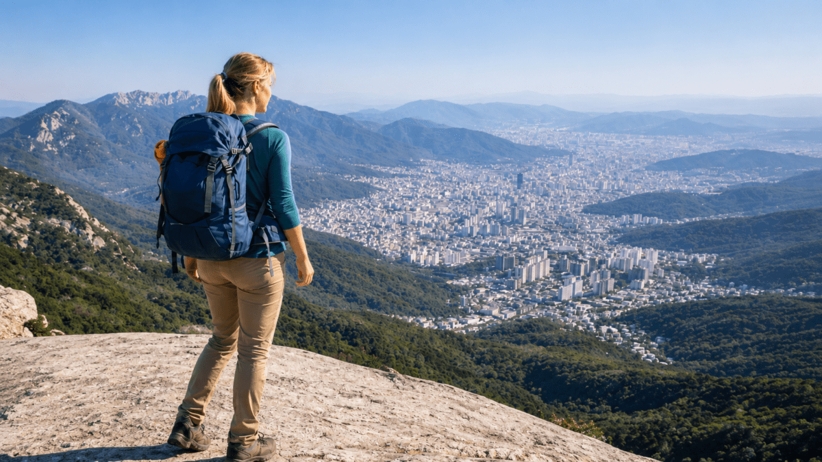 Hiker standing at a granite summit overlooking Seoul's skyline, cradled by mountains, hiking in Seoul complete.