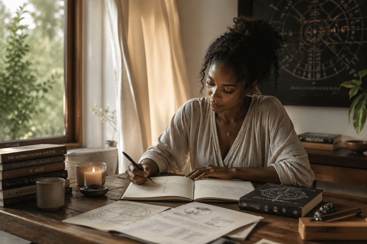 Type in motion: woman reading human design and K-Saju books studying how her constant design meets changing seasonal conditions through integrated study
