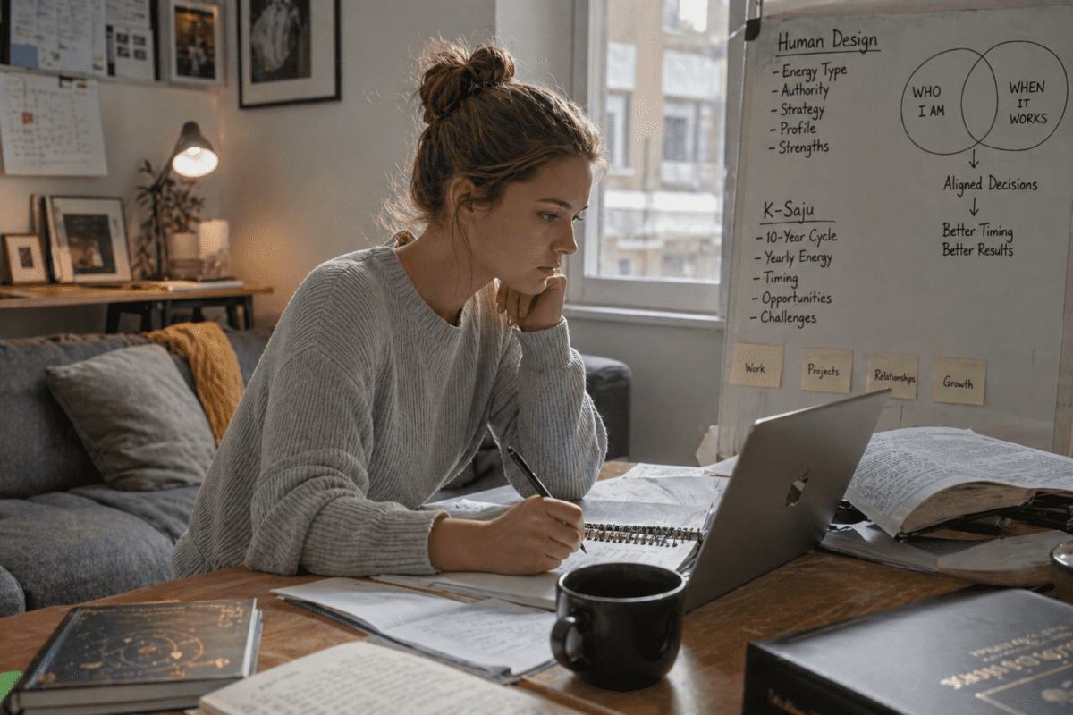 Woman studying human design and K-Saju frameworks comparing who she is with when she works best through timing and life cycles