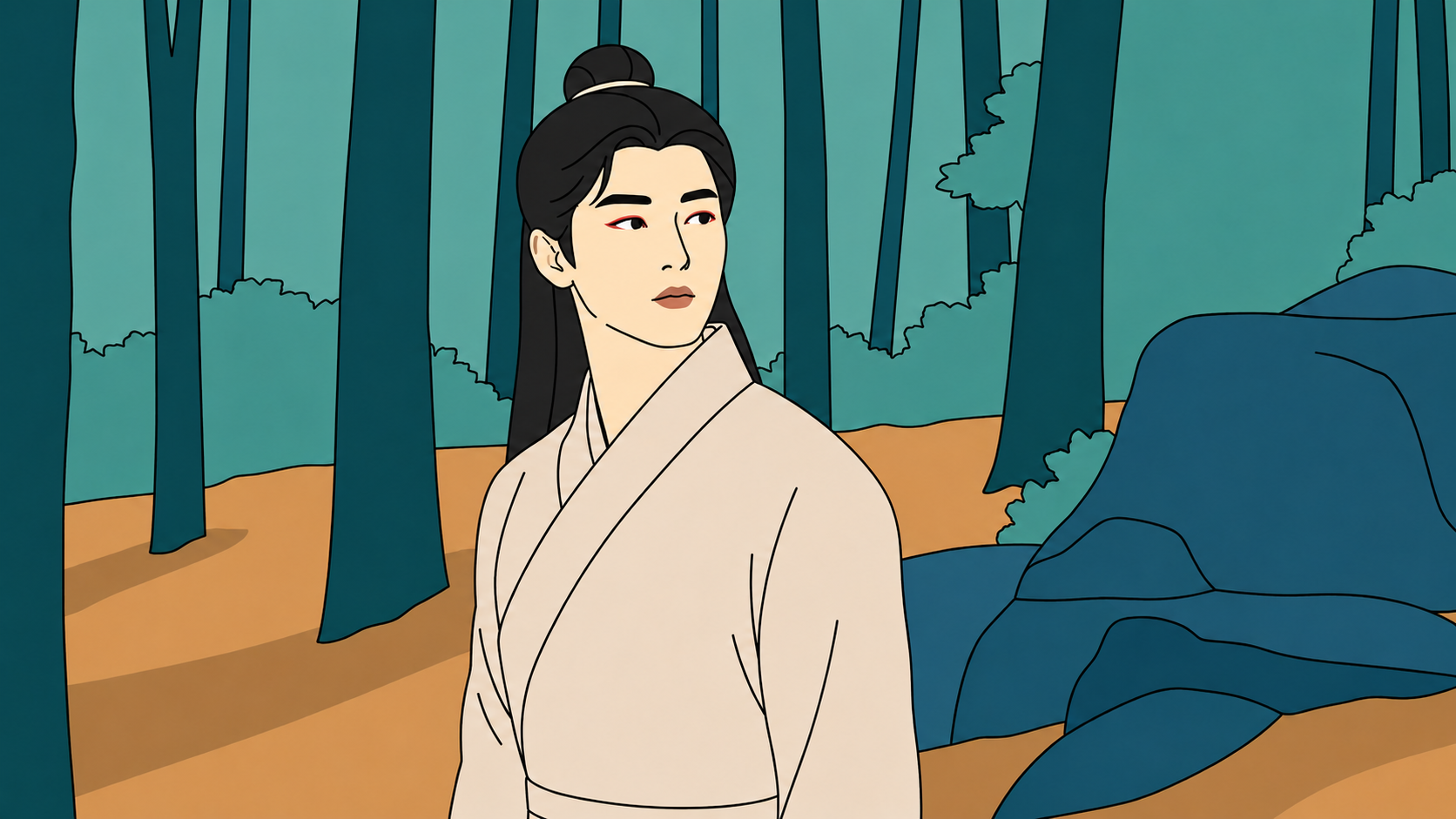 Illustration of a Silla-era warrior with a floral hairpin, on why Korean men wear makeup today.
