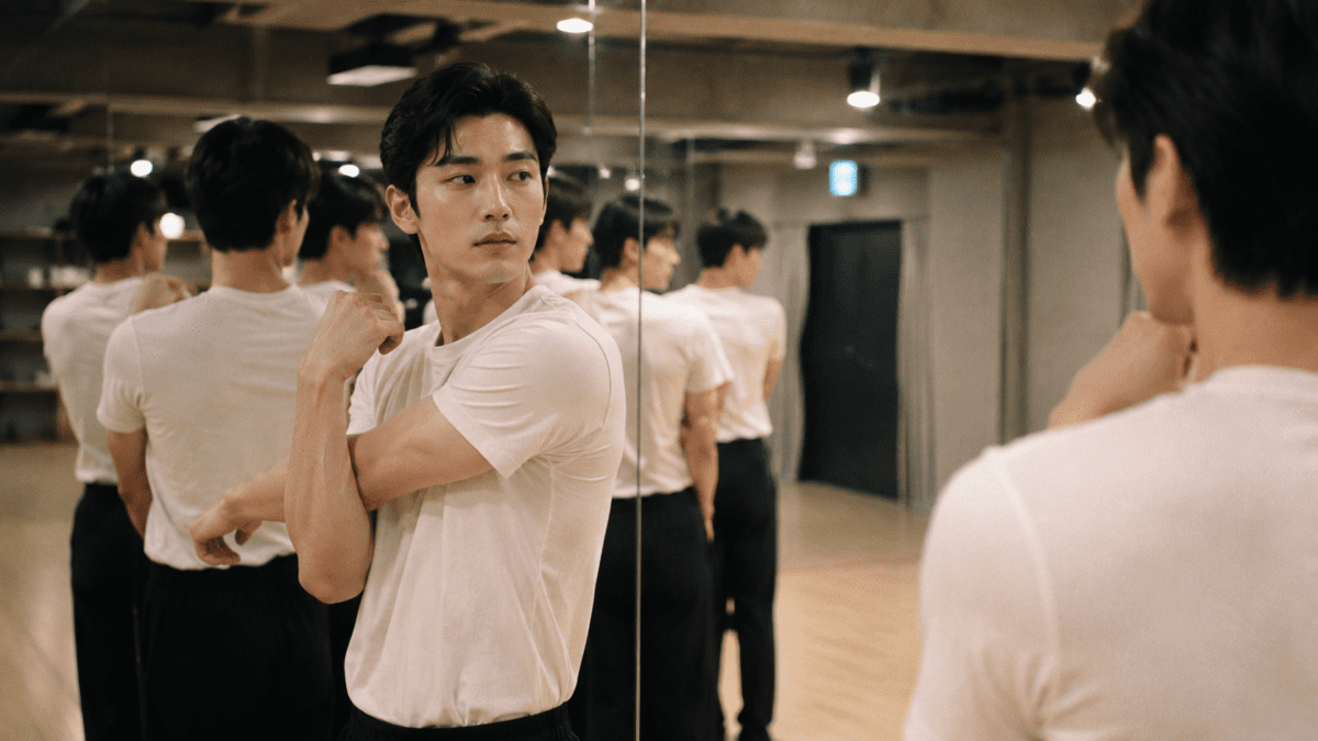 Performer stretching before practice in a mirrored studio, training the body and the presentation together.