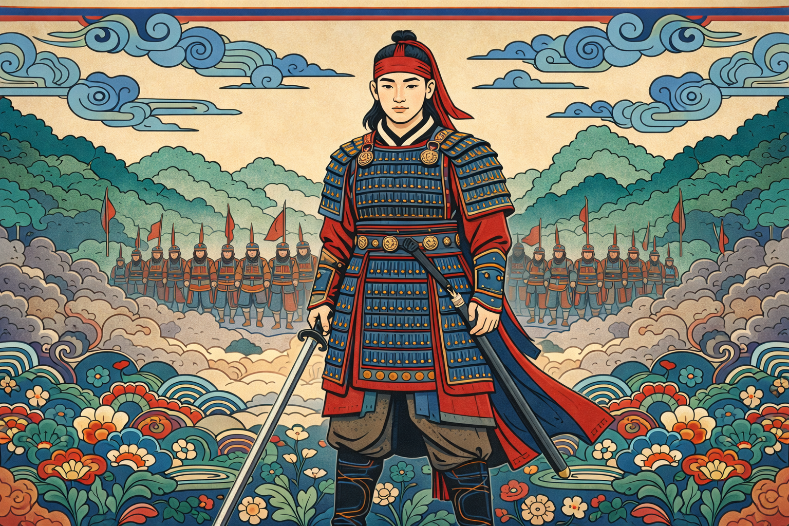Hwarang makeup warriors in minhwa style illustration, representing Korean masculinity and discipline