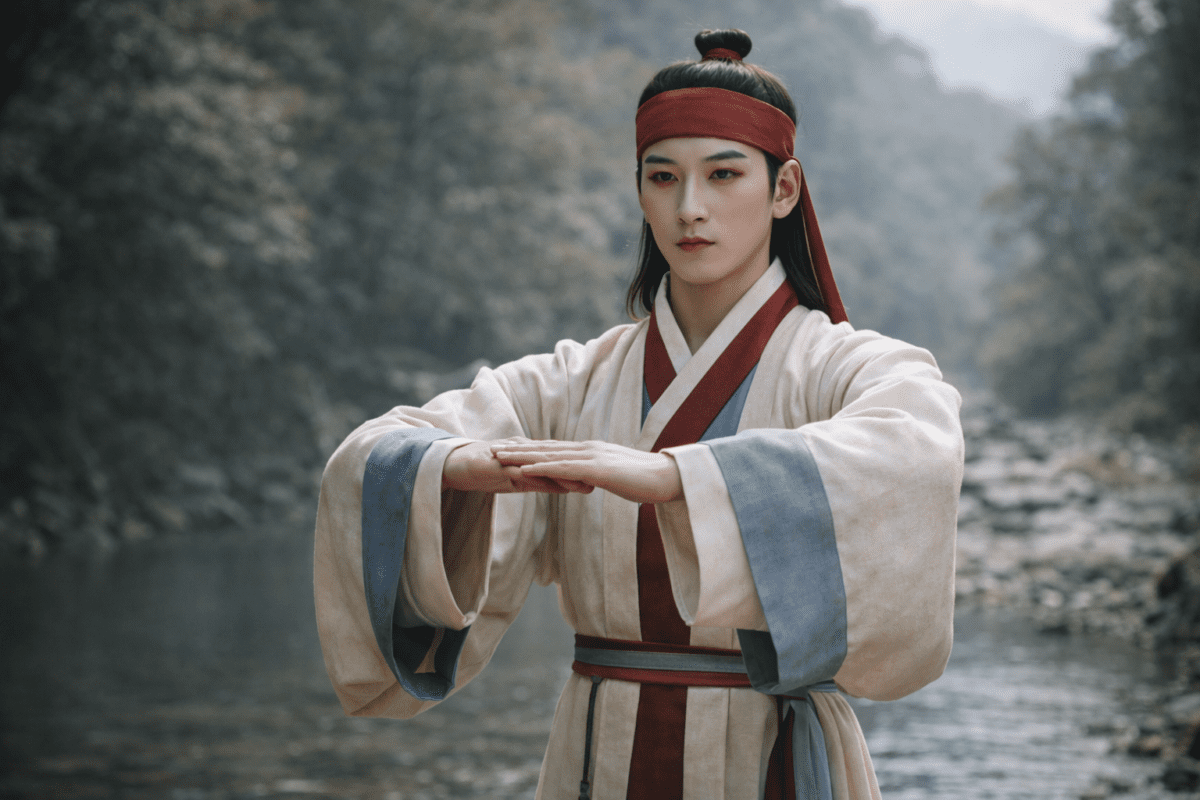Hwarang makeup warriors training by a river in Silla Korea, representing discipline and Korean masculinity
