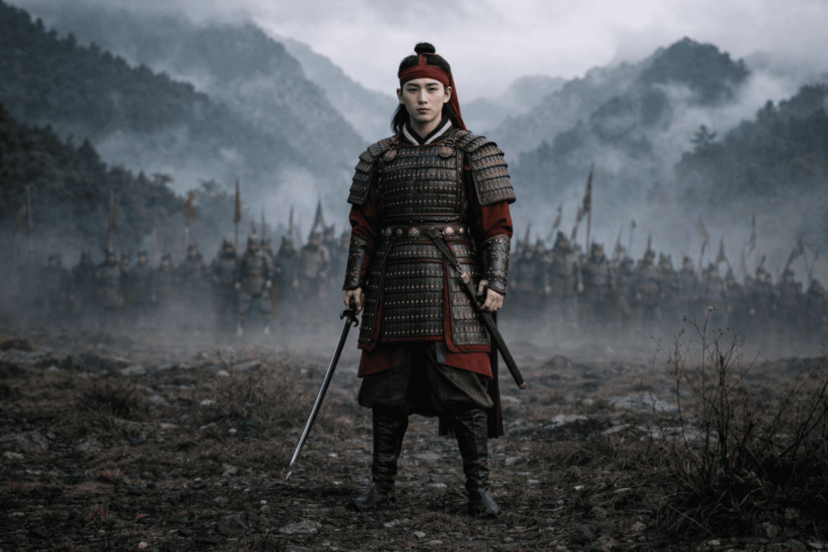 Hwarang warrior standing before battle in Silla Korea, representing Hwarang makeup warriors and Korean masculinity
