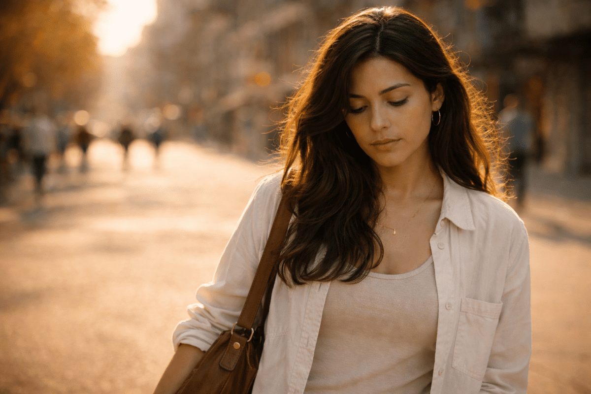 losing yourself in your job — woman walking alone in city street at golden hour