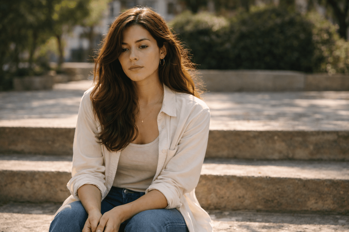 losing yourself in your job — woman sitting alone on outdoor steps