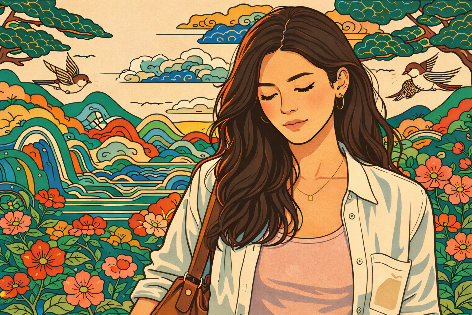 losing yourself in your job — minhwa style illustration of woman walking in city street