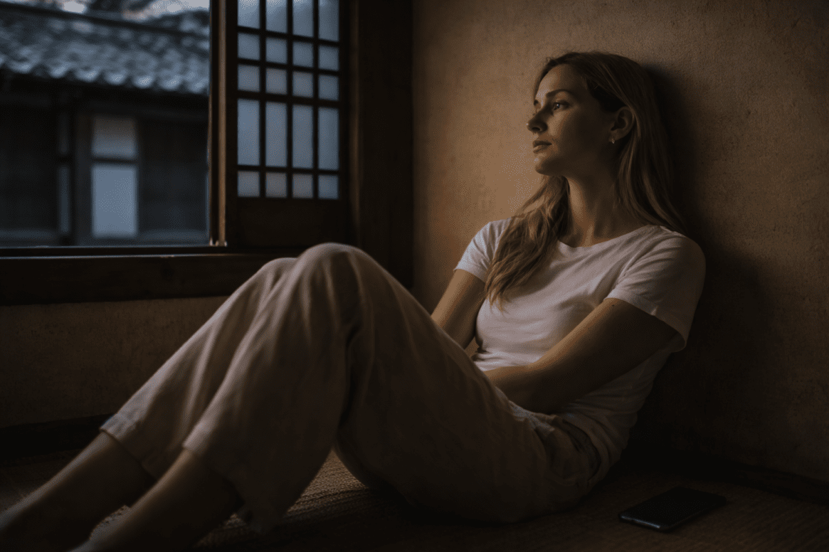 lonely after talking to parents — woman sitting on floor leaning against wall gazing out window psychology