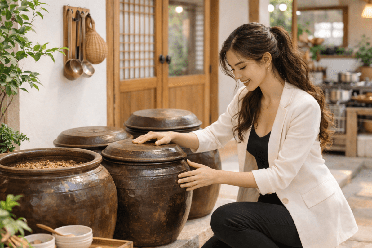 Korean Buddhist food fermentation jars onggi Western woman temple kitchen courtyard