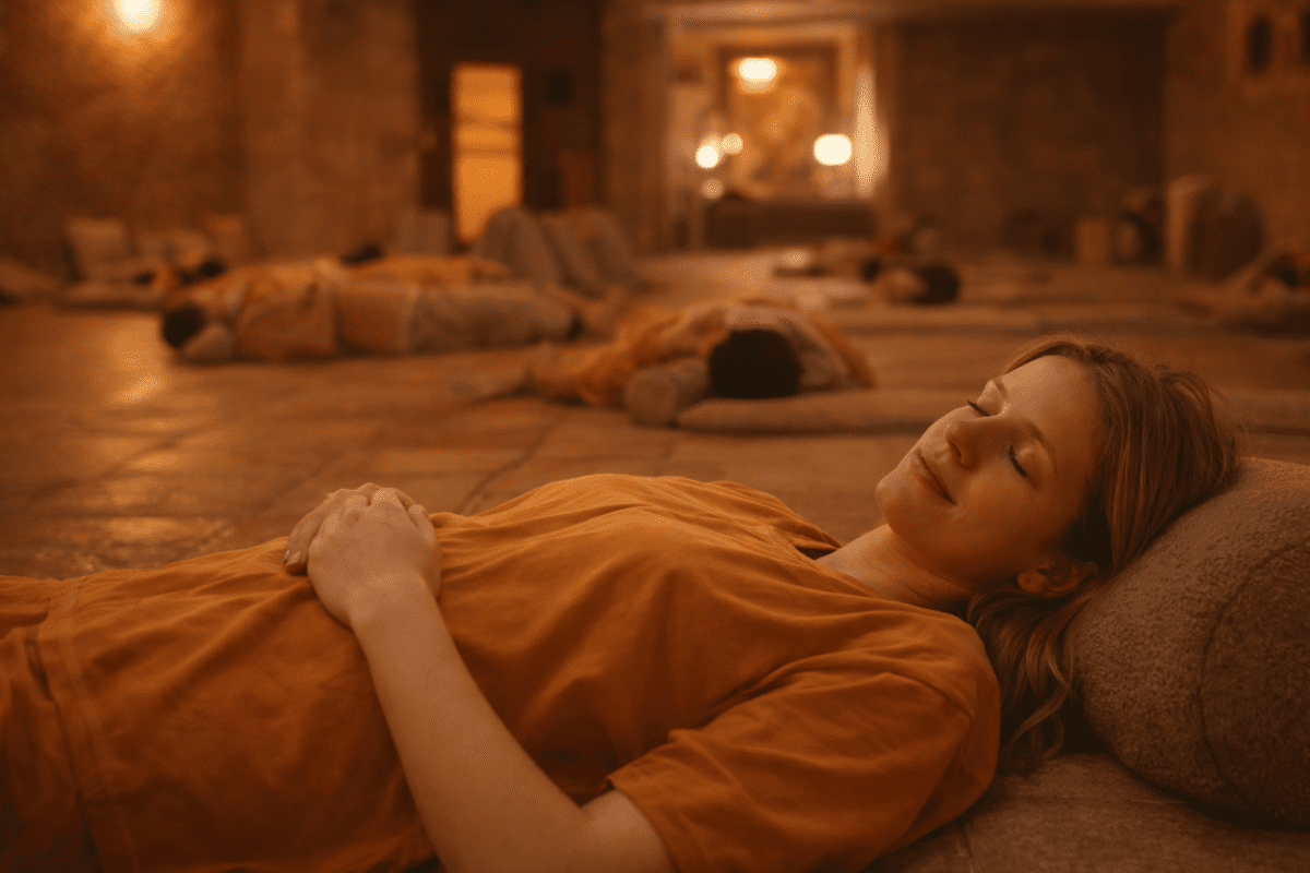 Korean winter indoor culture — woman resting on heated floor in Korean jjimjilbang bathhouse