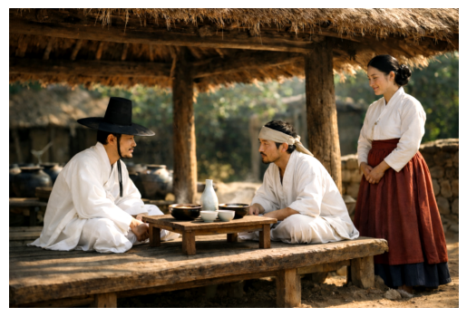 Korean fast food origins — travelers eating at a Joseon-era jumak