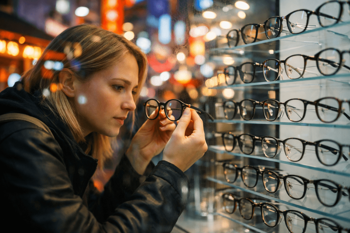 Western woman examining glasses frames at a Korean optical shop display, Myeongdong night street in background