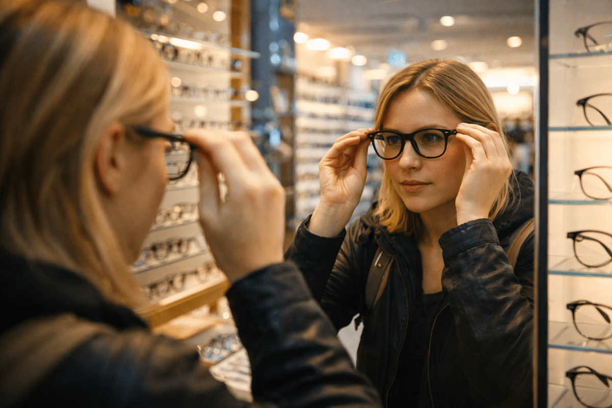 Western woman trying on glasses frames at a mirror in a Korean optical shop, getting glasses in Korea