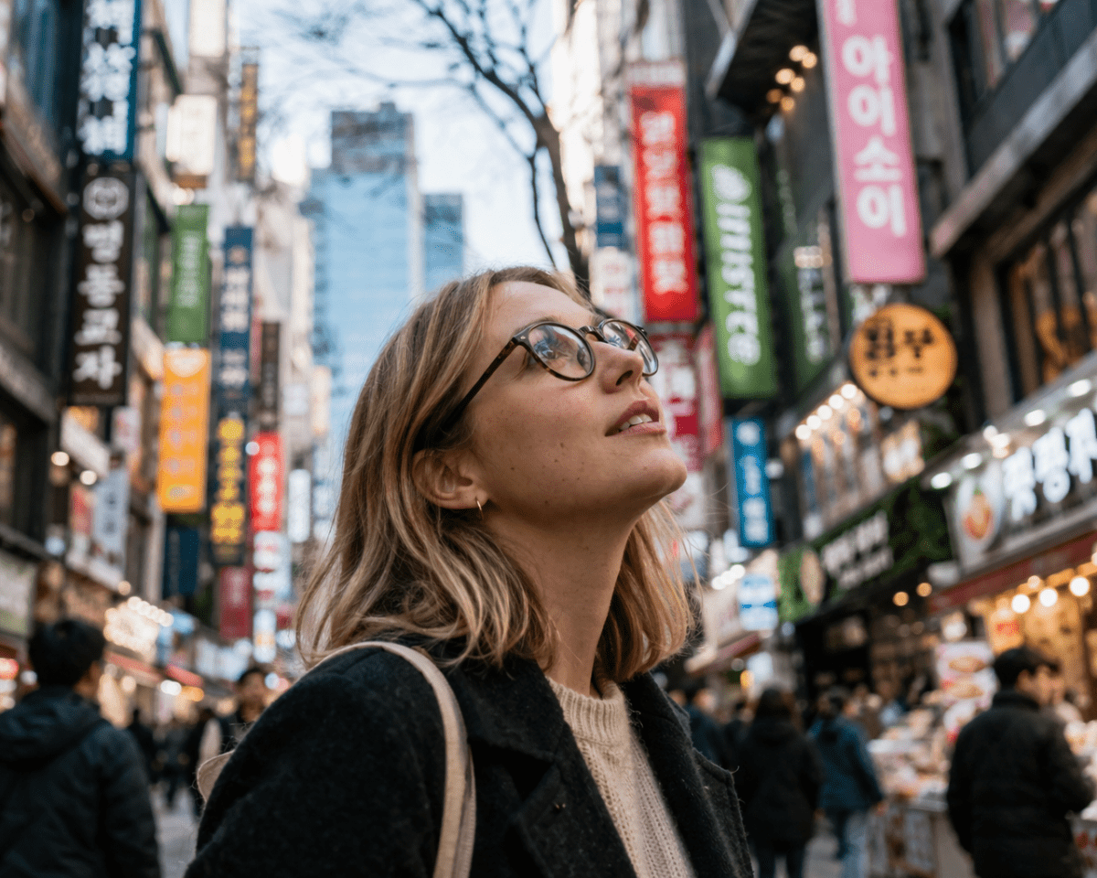 Western woman wearing new glasses looking up at Korean street signs in Seoul, getting glasses in Korea