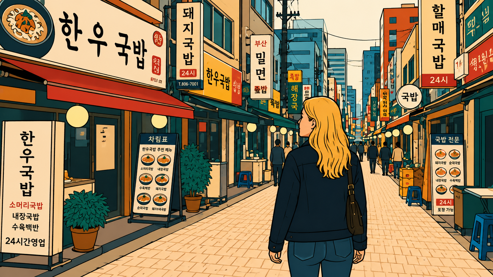 Illustrated woman walking down a gukbap alley lined with Korean beef soup signs, thumbnail for K-Saju culture series