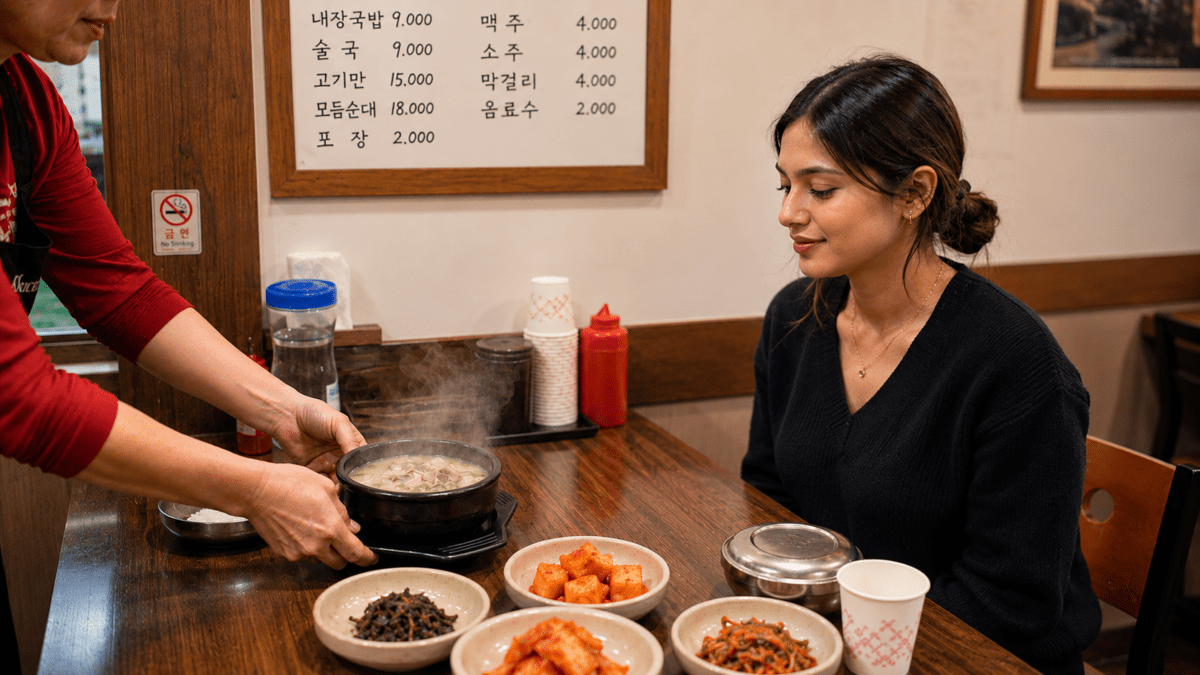 Woman waiting as a server sets down a steaming bowl of Korean bone broth surrounded by side dishes on the table