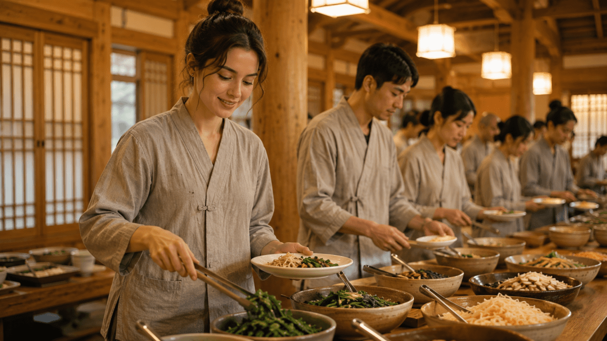Visitors serve themselves namul at a temple buffet lined with bowls — the doenjang and ganjang behind every dish in Korean Buddhist food.