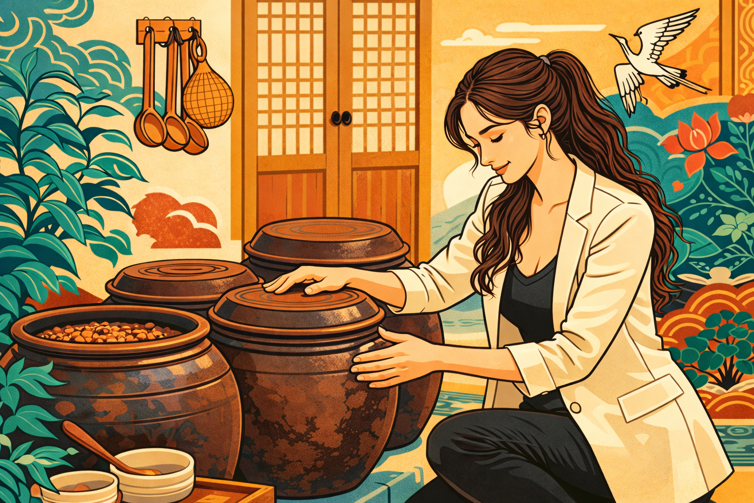 Korean Buddhist food minhwa style illustration fermentation jars onggi