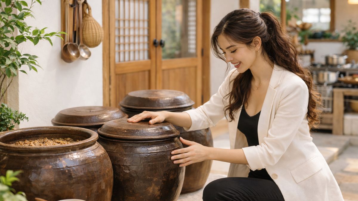 A woman opens an onggi crock of fermented soybeans by a hanok door — the three jars that carry Korean Buddhist food without garlic.