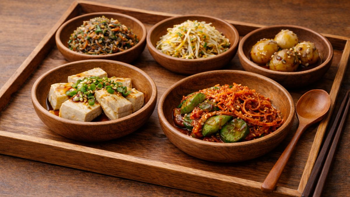 A wooden tray holds seasoned tofu, namul, and braised potatoes — the doenjang and gochujang doing the work garlic usually does in Korean Buddhist food.