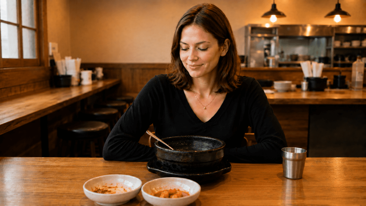 Woman smiling at her empty stone bowl with finished side dishes on the table, Korean fast food leaving her quietly satisfied and full