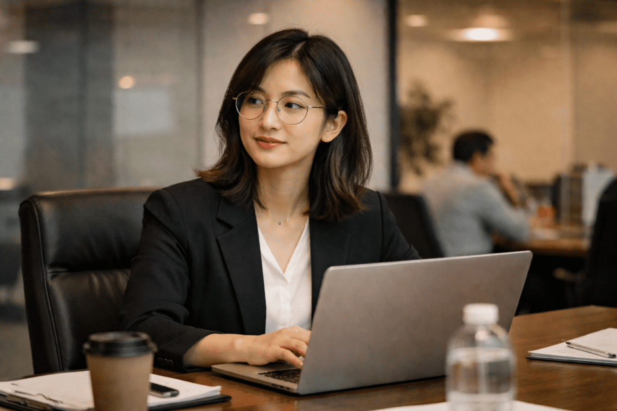 Korean woman wearing slim wire glasses at a conference table, laptop open, korean glasses fashion office style